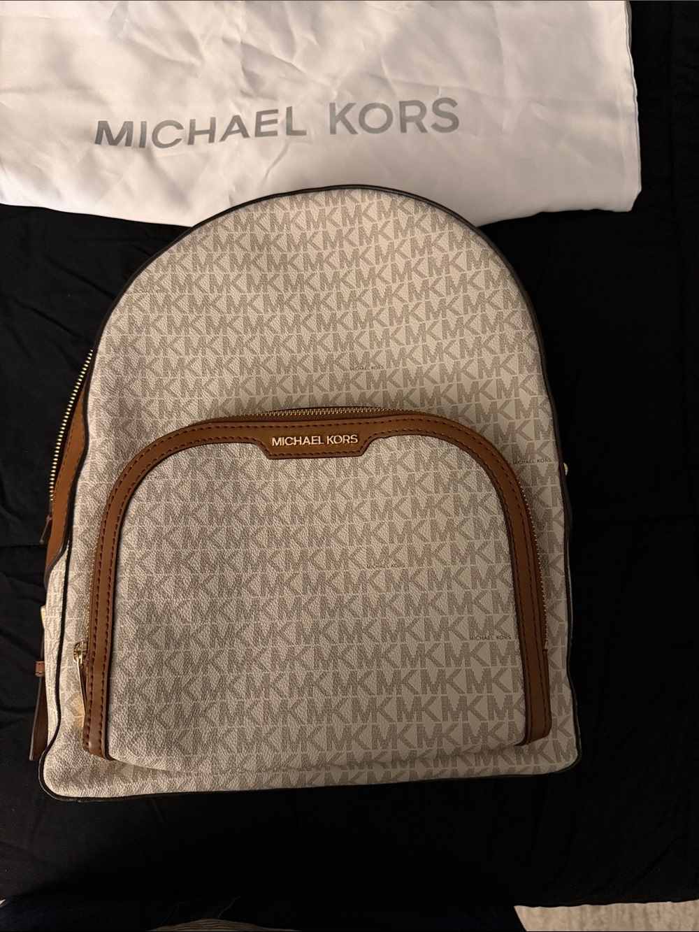 Michael Kors Men's Beige Logo Backpack with Brown Trim